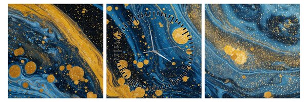 Obraz - Modrá abstrakcia so zlatom (s hodinami) (90x30 cm)