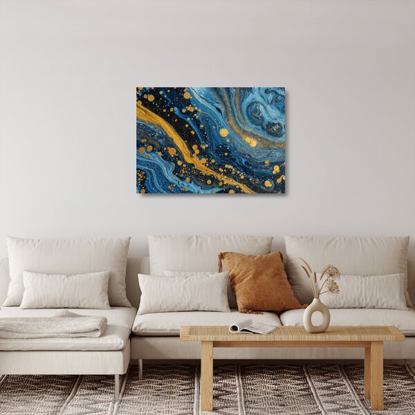 Sklenený obraz - Modrá abstrakcia so zlatom (70x50 cm)