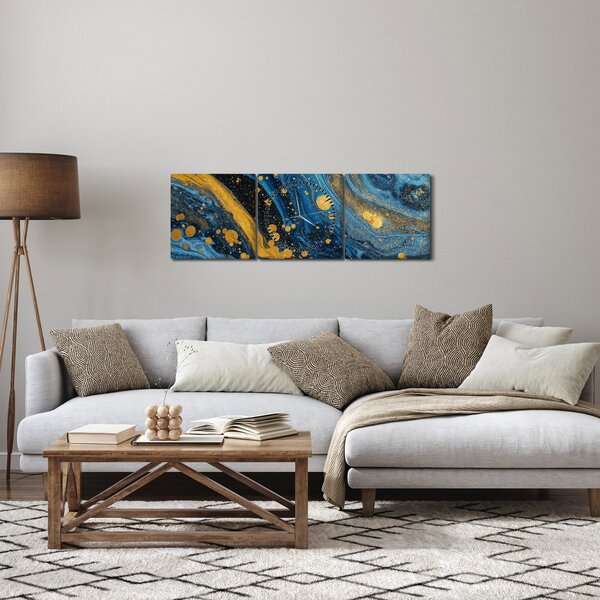 Obraz - Modrá abstrakcia so zlatom (s hodinami) (90x30 cm)