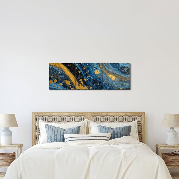 Obraz - Modrá abstrakcia so zlatom (s hodinami) (90x30 cm)