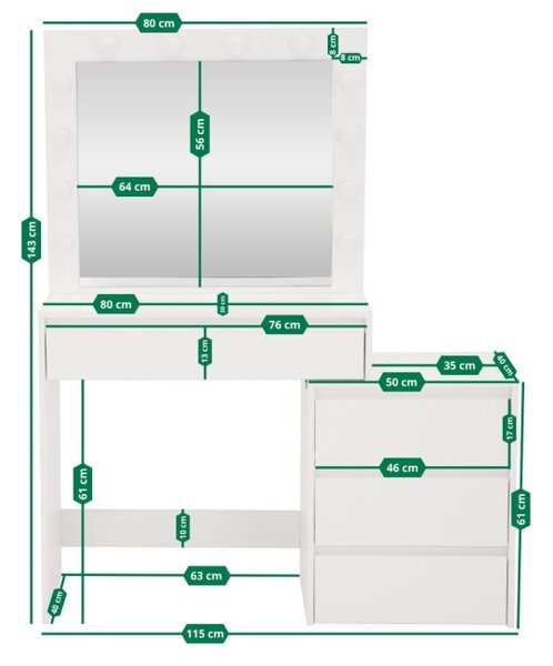 Toaletný stolík s LED zrkadlom biely 145x35x115cm