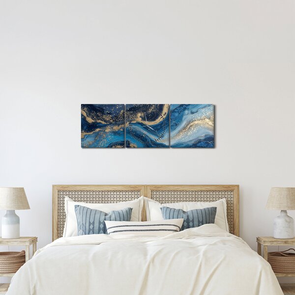 Obraz - Modrozlatý abstraktný mramor (s hodinami) (90x30 cm)