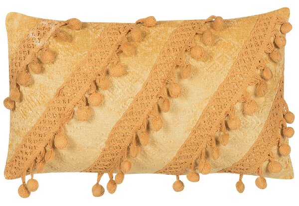 Dekoratívny vankúš žltý viskóza bavlna 30 x 50 cm obdĺžnikový tvar jednofarebný so strapcami pruhovaný retro boho štýl doplnky