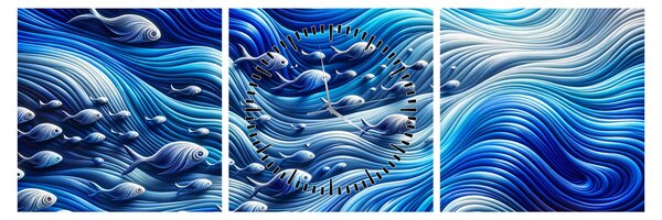 Obraz – Ryby vo vlnách (s hodinami) (90x30 cm)