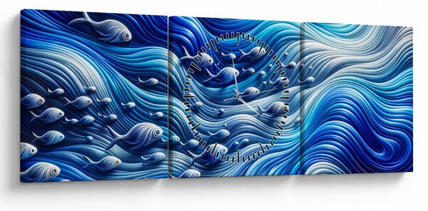 Obraz – Ryby vo vlnách (s hodinami) (90x30 cm)
