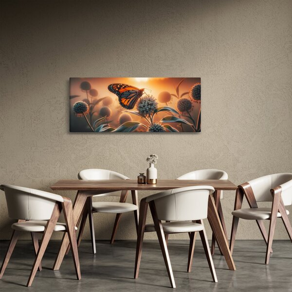 Obraz – Motýľ v zapadajúcom slnku (120x50 cm)