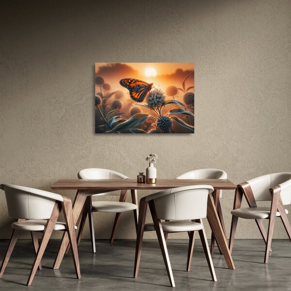 Sklenený obraz – Motýľ v zapadajúcom slnku (70x50 cm)