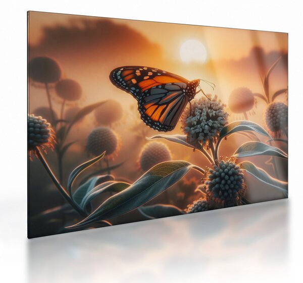 Sklenený obraz – Motýľ v zapadajúcom slnku (70x50 cm)