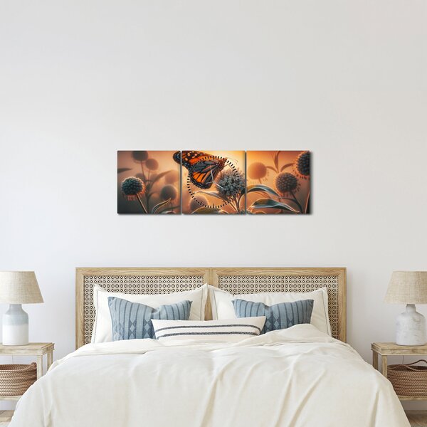 Obraz – Motýľ v zapadajúcom slnku (s hodinami) (90x30 cm)