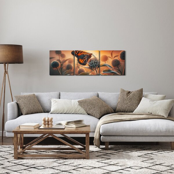 Obraz – Motýľ v zapadajúcom slnku (s hodinami) (90x30 cm)