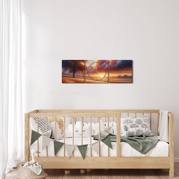 Obraz – Západ slnka na poli (s hodinami) (90x30 cm)
