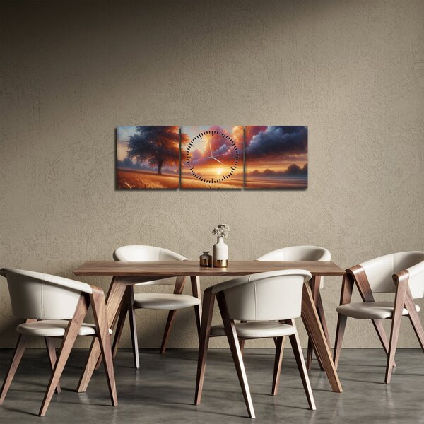 Obraz – Západ slnka na poli (s hodinami) (90x30 cm)