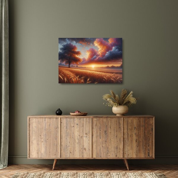 Sklenený obraz – Západ slnka na poli (70x50 cm)