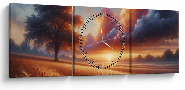 Obraz – Západ slnka na poli (s hodinami) (90x30 cm)