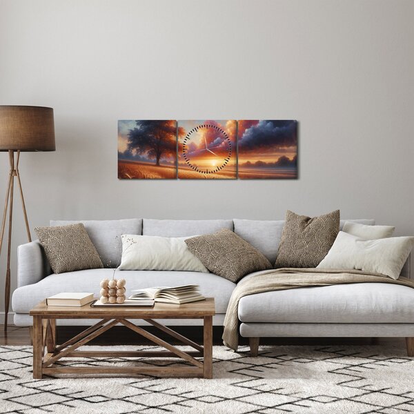Obraz – Západ slnka na poli (s hodinami) (90x30 cm)