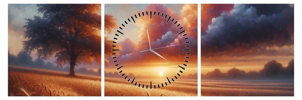 Obraz – Západ slnka na poli (s hodinami) (90x30 cm)