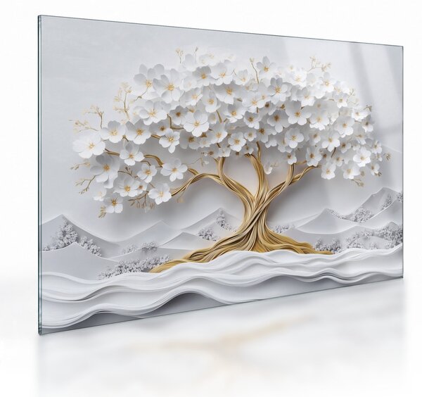 Sklenený obraz – 3D elegantný strom života plný kvetov (70x50 cm)