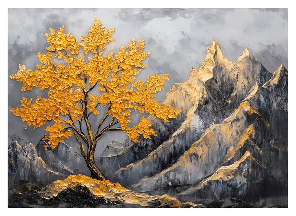 Sklenený obraz – Zlatý strom v horách (70x50 cm)