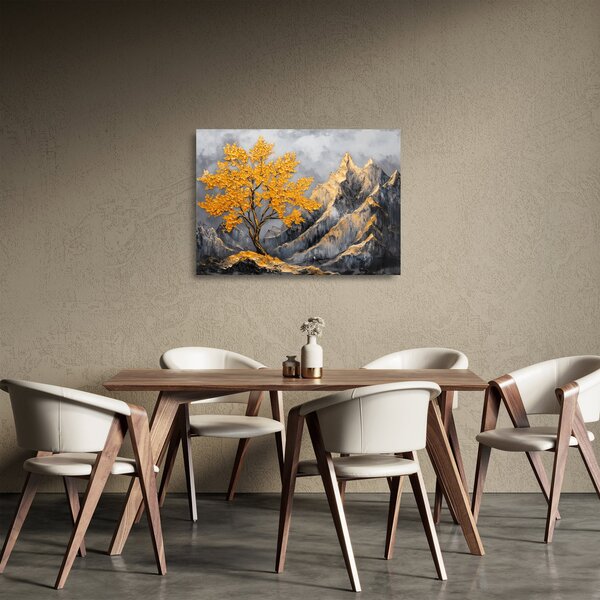 Sklenený obraz – Zlatý strom v horách (70x50 cm)
