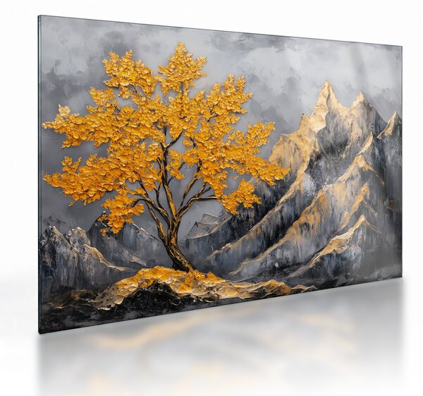 Sklenený obraz – Zlatý strom v horách (70x50 cm)