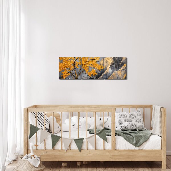 Obraz – Zlatý strom v horách (s hodinami) (90x30 cm)