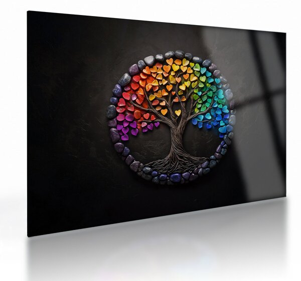 Sklenený obraz – Strom plný farebných sŕdc (70x50 cm)