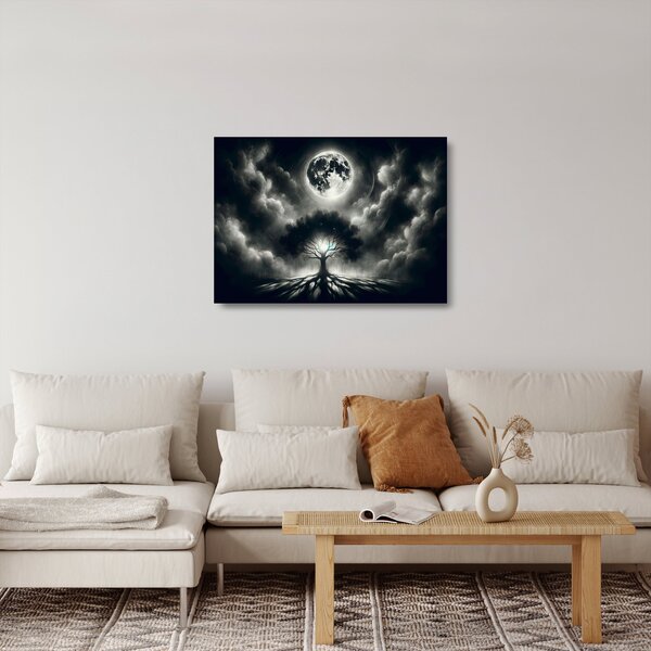 Sklenený obraz – Čiernobiely strom v splne (70x50 cm)
