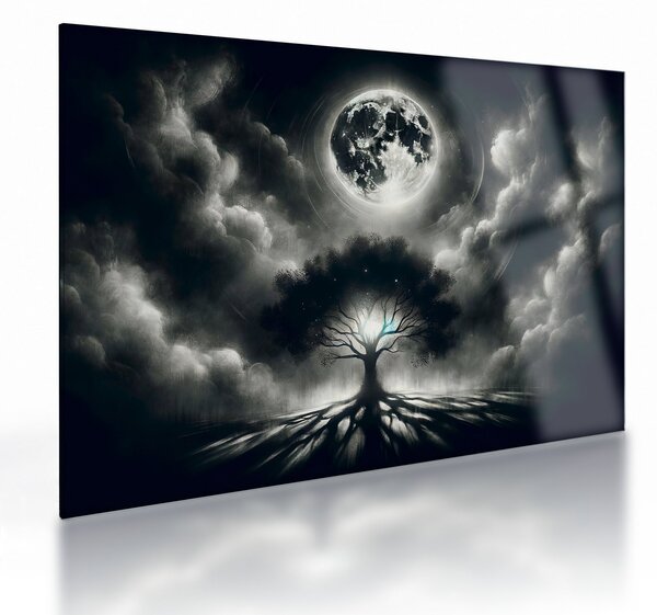 Sklenený obraz – Čiernobiely strom v splne (70x50 cm)
