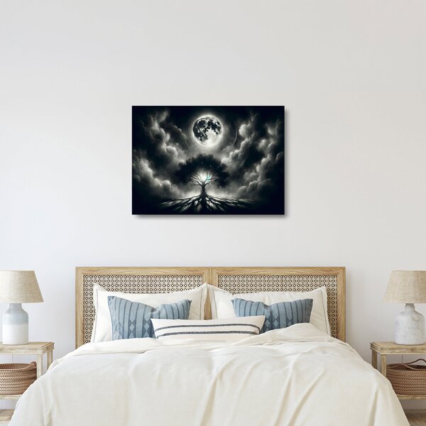 Sklenený obraz – Čiernobiely strom v splne (70x50 cm)