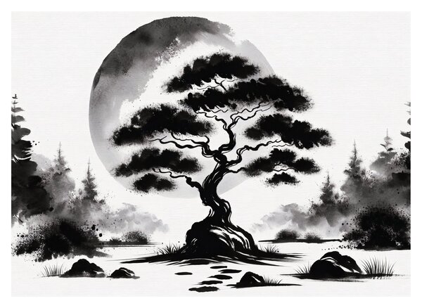 Sklenený obraz – Čiernobiela bonsai (70x50 cm)