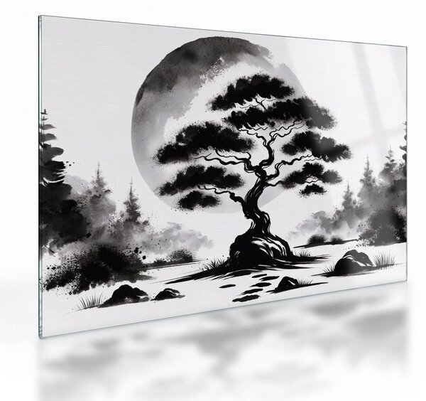 Sklenený obraz – Čiernobiela bonsai (70x50 cm)