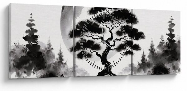 Obraz – Čiernobiela bonsai (s hodinami) (90x30 cm)