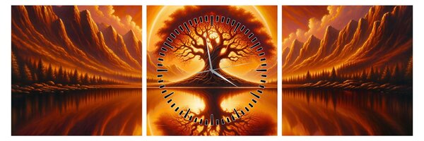 Obraz – Strom v krvavom slnku (s hodinami) (90x30 cm)