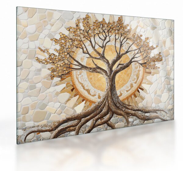 Sklenený obraz – Zlatý strom života v mozaike (70x50 cm)