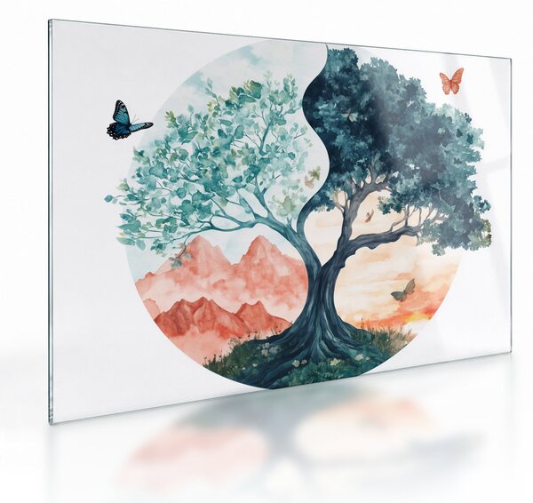 Sklenený obraz – Akvarelový strom plný života (70x50 cm)