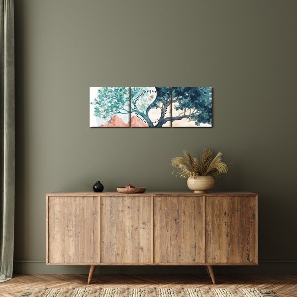 Obraz – Akvarelový strom plný života (s hodinami) (90x30 cm)