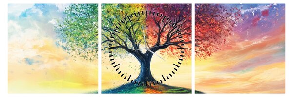 Obraz – Maľovaný strom ročných období (s hodinami) (90x30 cm)
