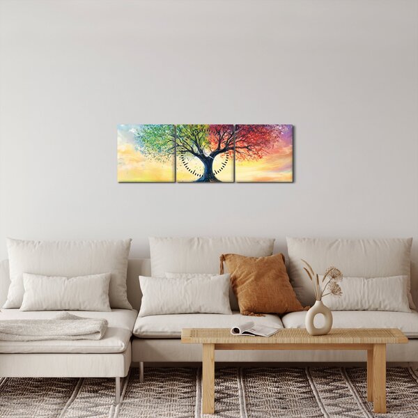 Obraz – Maľovaný strom ročných období (s hodinami) (90x30 cm)