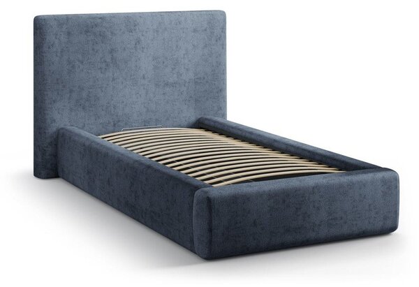 Tmavomodrá čalúnená jednolôžková posteľ s úložným priestorom s roštom 90x200 cm Amy – Micadoni