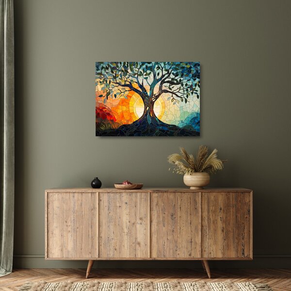 Sklenený obraz – Mozaika – slnko a strom I. (70x50 cm)