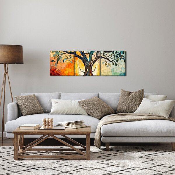 Obraz – Mozaika – slnko a strom I. (s hodinami) (90x30 cm)
