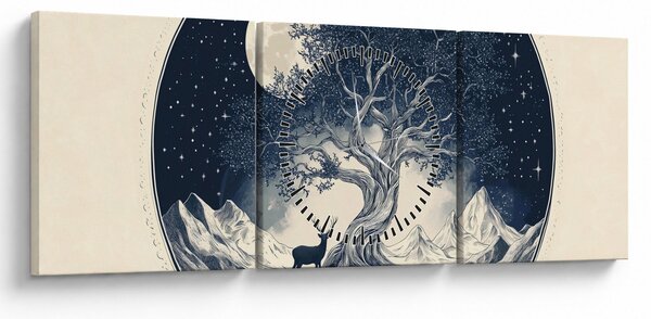 Obraz – Magický strom s jeleňom I. (s hodinami) (90x30 cm)