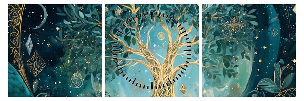 Obraz – Strom života vo vesmíre (s hodinami) (90x30 cm)