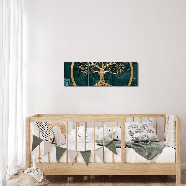 Obraz – Zlatý strom života v mramore (s hodinami) (90x30 cm)