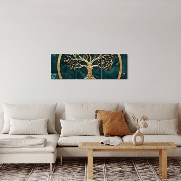 Obraz – Zlatý strom života v mramore (s hodinami) (90x30 cm)