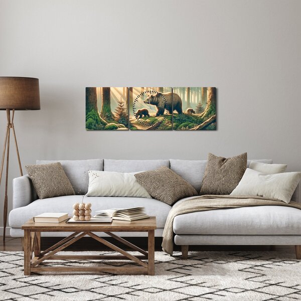 Obraz - Medvede v lese (s hodinami) (90x30 cm)