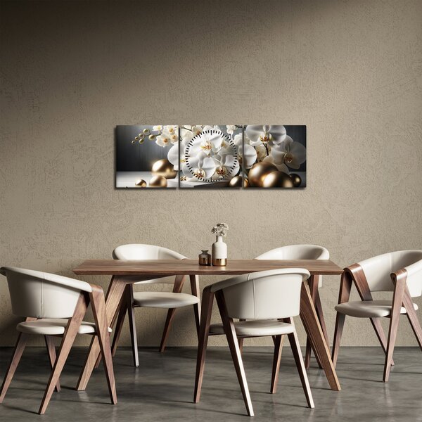Obraz - Orchidea a zlaté gule (s hodinami) (90x30 cm)