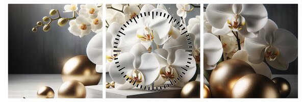 Obraz - Orchidea a zlaté gule (s hodinami) (90x30 cm)