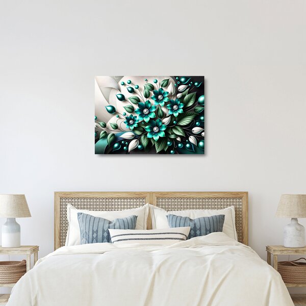 Sklenený obraz - 3D tyrkysové kvety (70x50 cm)