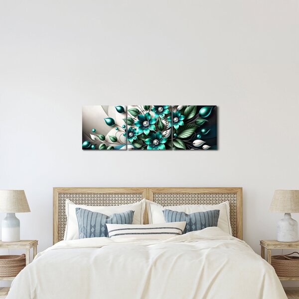 Obraz - 3D tyrkysové kvety (s hodinami) (90x30 cm)